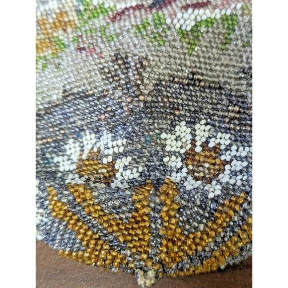 Antique Victorian Colorful Floral Rose Glass Micro Beads Drawstring Purse 1920's - Picture 2 of 7